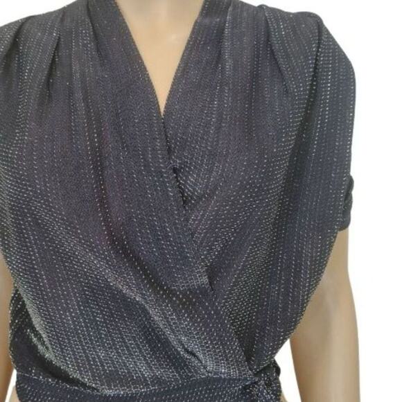 70s Cropped Black Silver Metallic Thread Short Sleeve V Neck Top Size Small - Picture 2 of 6